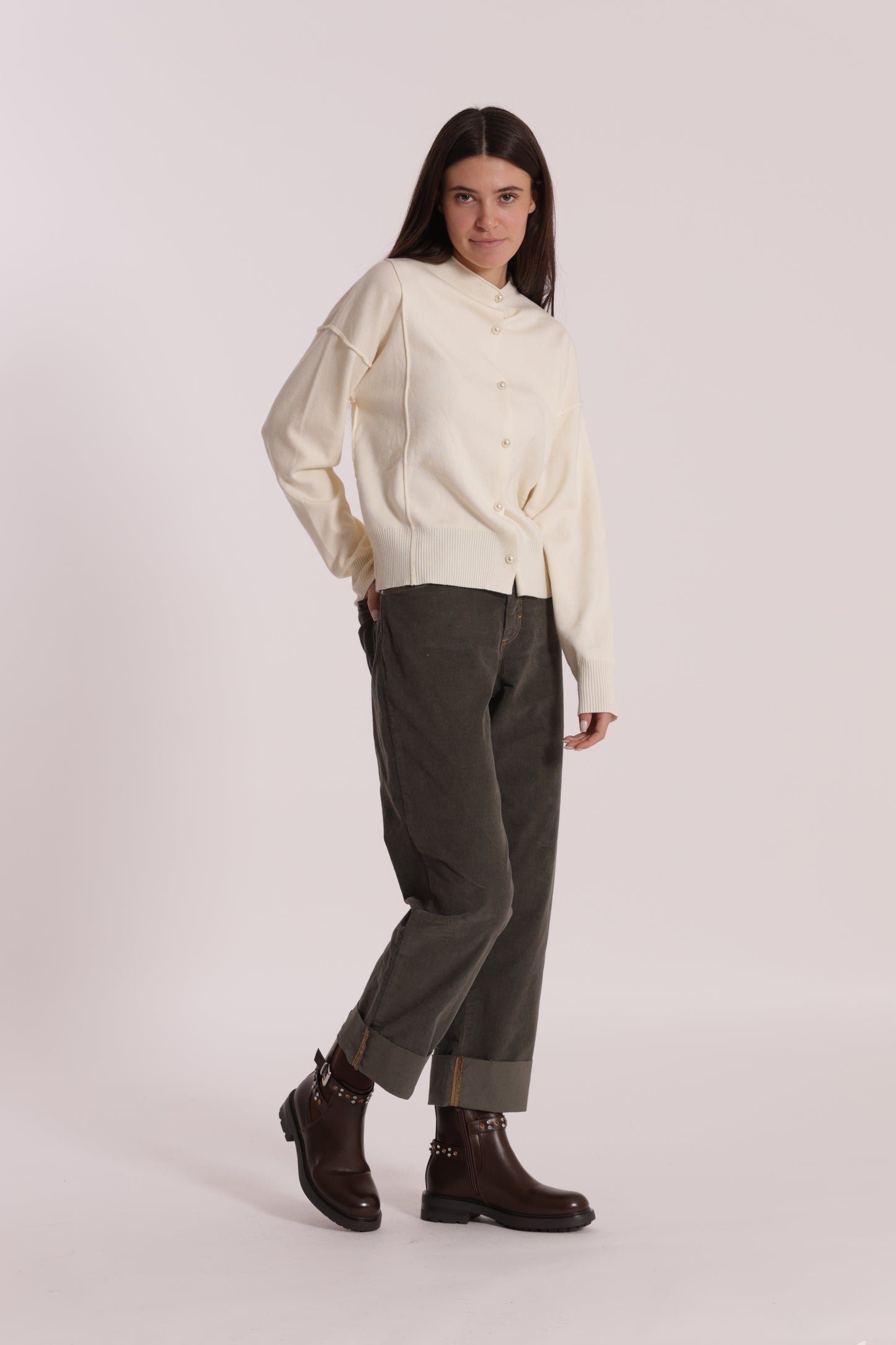 PANTALONE CROPPED CON RISVOLTO IN VELLUTO A COSTE