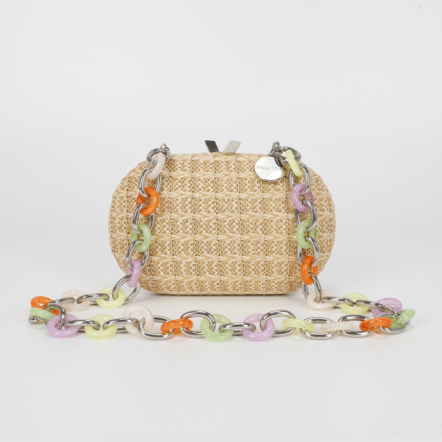 BORSA CLUTCH PAGLIA CON CATENA COLORATA