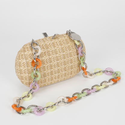 BORSA CLUTCH PAGLIA CON CATENA COLORATA