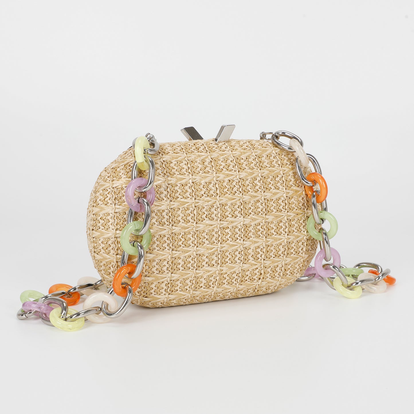 BORSA CLUTCH PAGLIA CON CATENA COLORATA