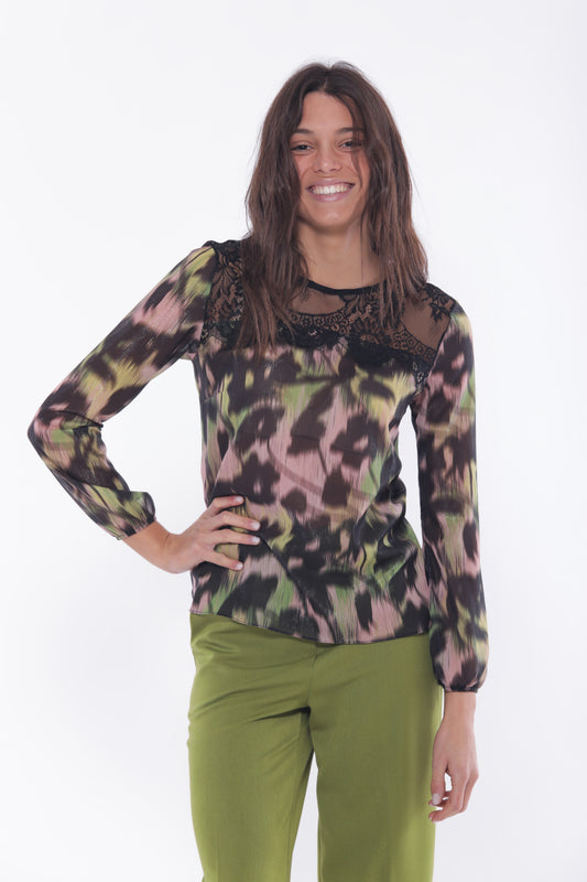 BLUSA FANTASIA CHINE' CON DETTAGLIO IN PIZZO