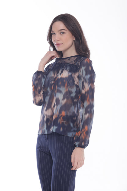 BLUSA FANTASIA CHINE' CON DETTAGLIO IN PIZZO