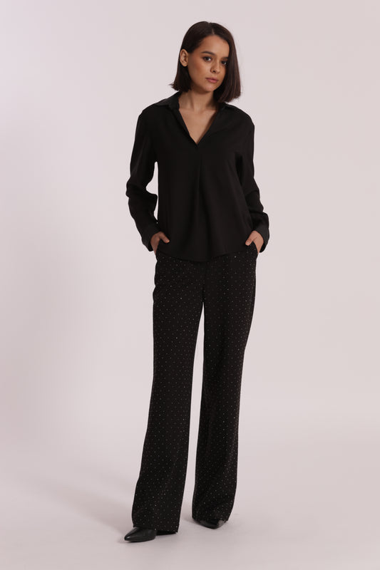 PANTALONE PALAZZO CON APPLICAZIONE DI STRASS