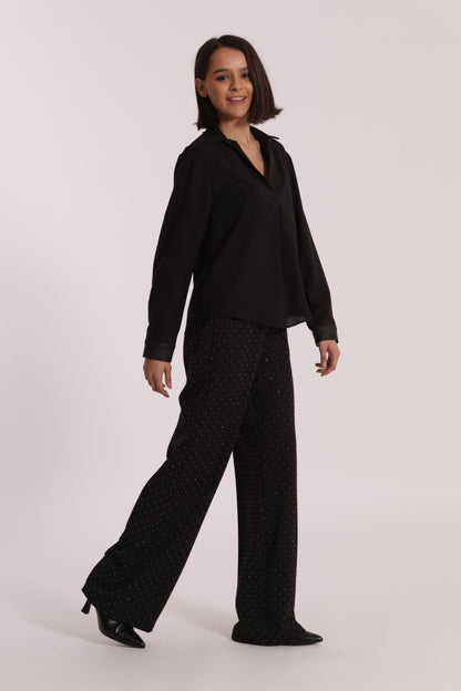 PANTALONE PALAZZO CON APPLICAZIONE DI STRASS