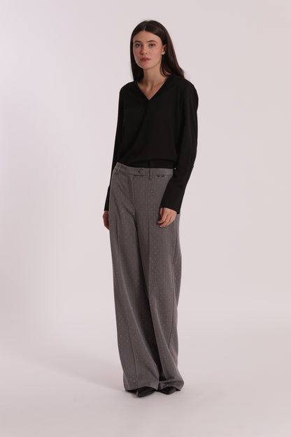 PANTALONE PALAZZO CON APPLICAZIONE DI STRASS