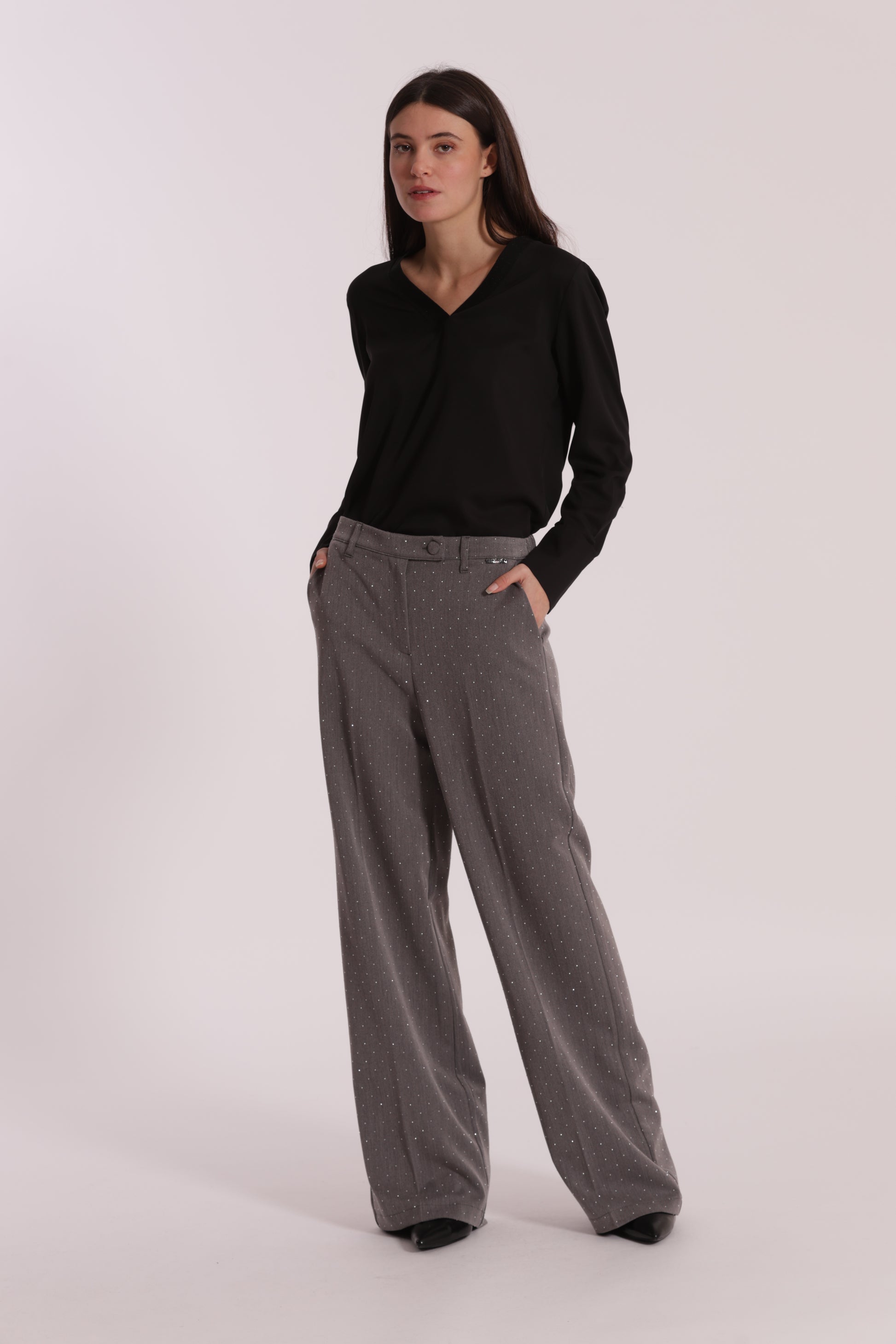 PANTALONE PALAZZO CON APPLICAZIONE DI STRASS