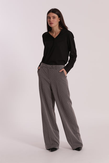 PANTALONE PALAZZO CON APPLICAZIONE DI STRASS