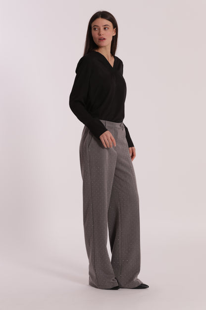 PANTALONE PALAZZO CON APPLICAZIONE DI STRASS