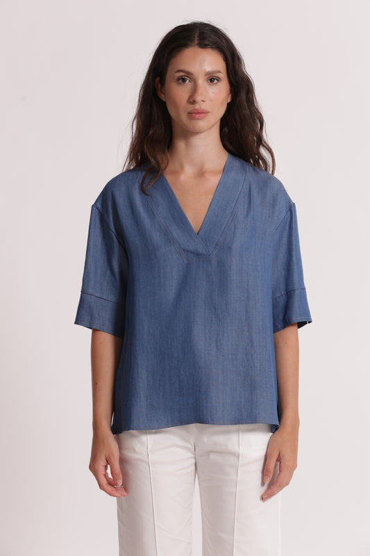 BLUSA A MANICHE CORTE IN DENIM