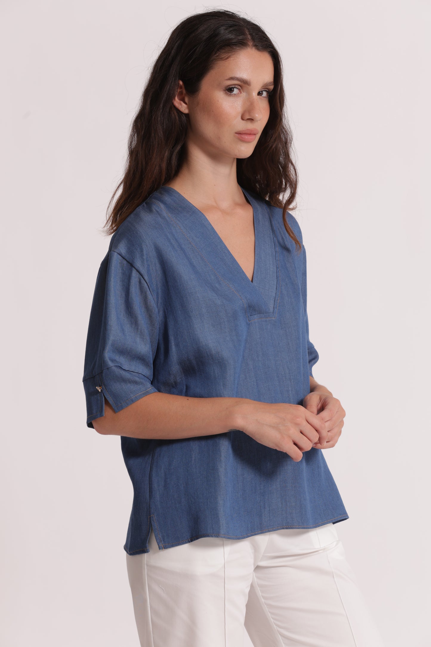 BLUSA A MANICHE CORTE IN DENIM