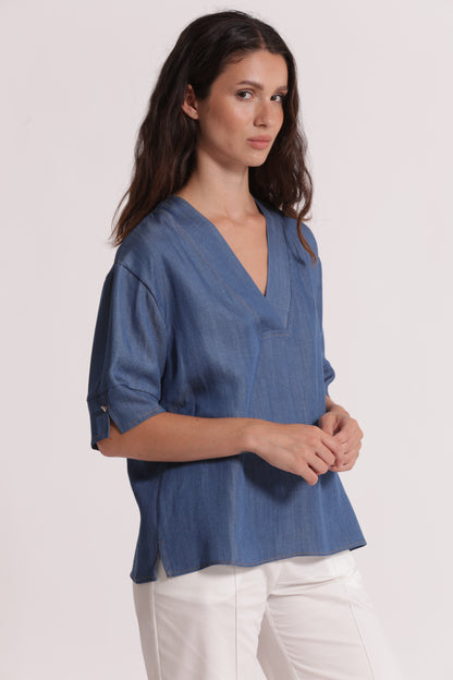 BLUSA A MANICHE CORTE IN DENIM