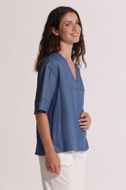 BLUSA A MANICHE CORTE IN DENIM