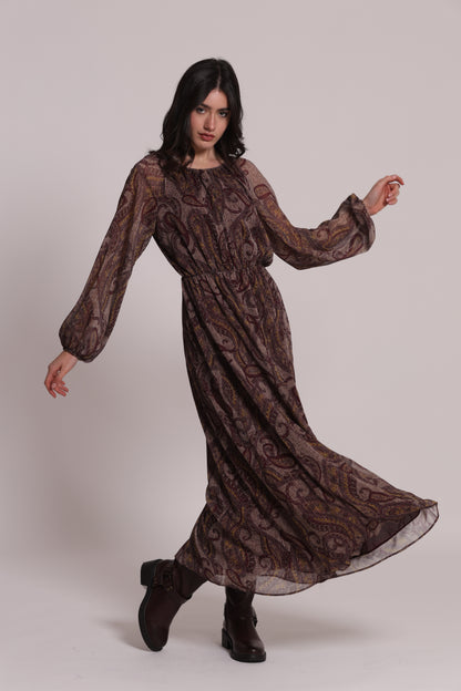 ABITO MIDI FANTASIA PAISLEY CON FIOCCO FRONTALE