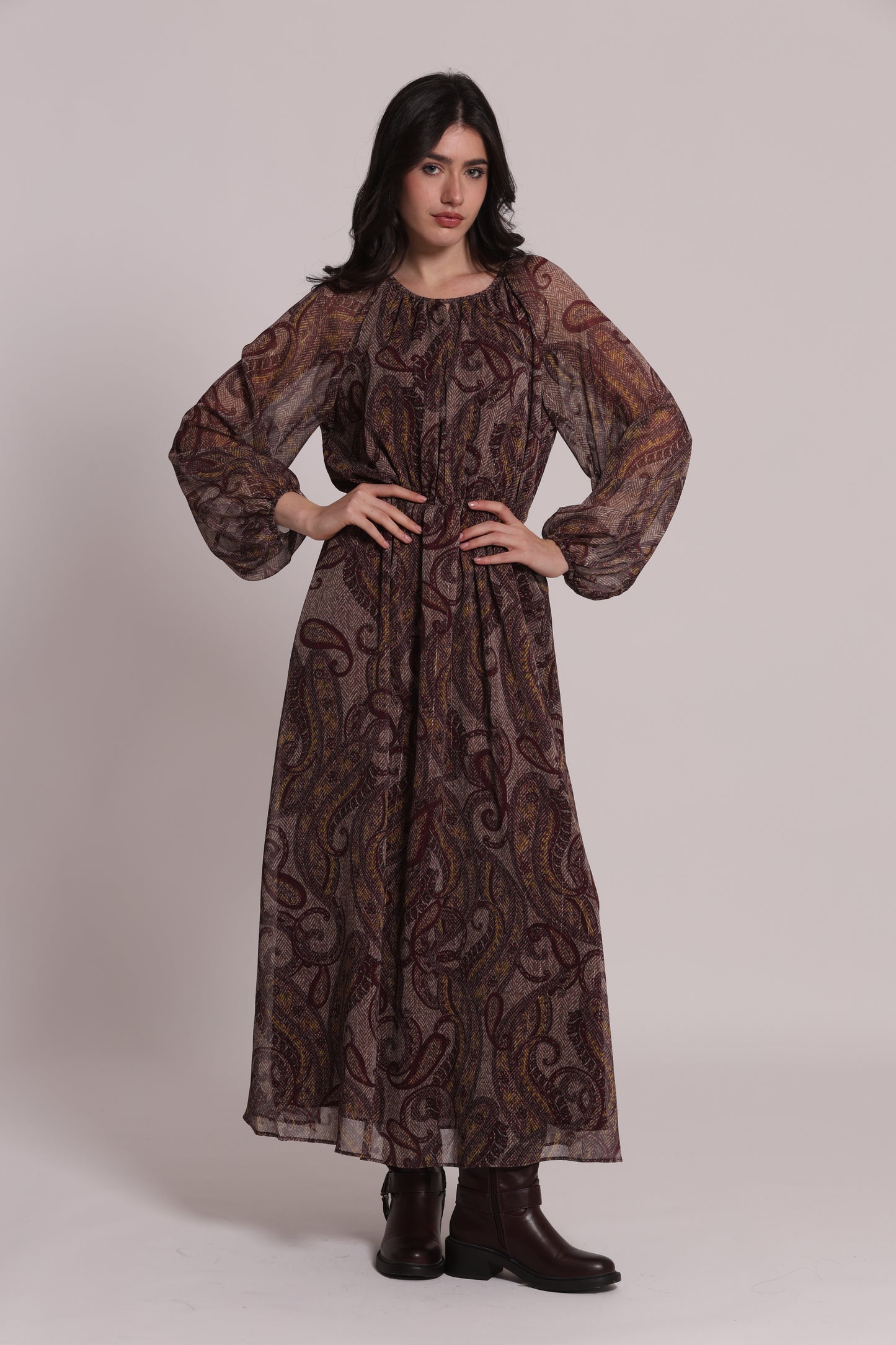 ABITO MIDI FANTASIA PAISLEY CON FIOCCO FRONTALE