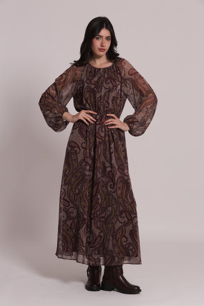 ABITO MIDI FANTASIA PAISLEY CON FIOCCO FRONTALE