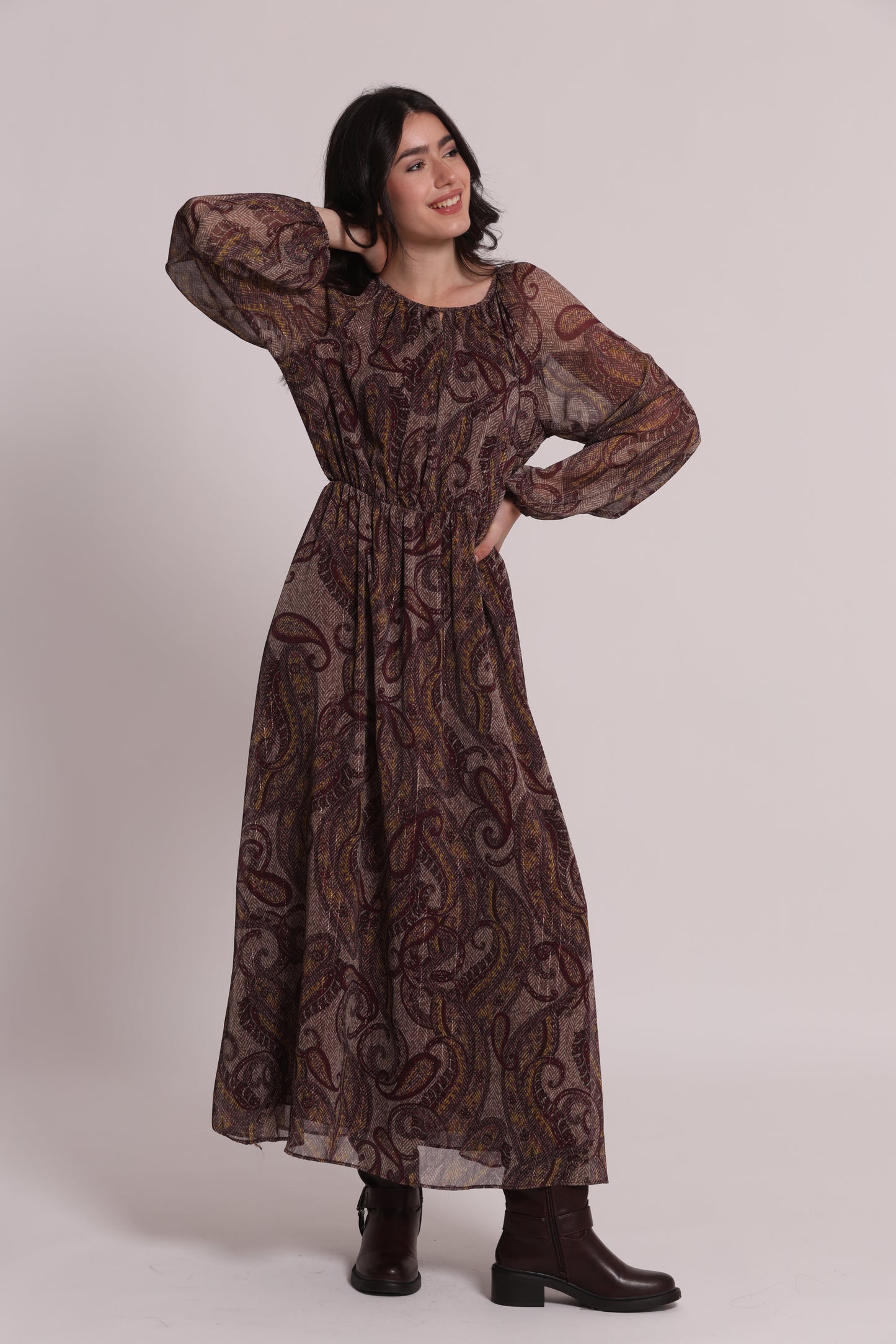 ABITO MIDI FANTASIA PAISLEY CON FIOCCO FRONTALE