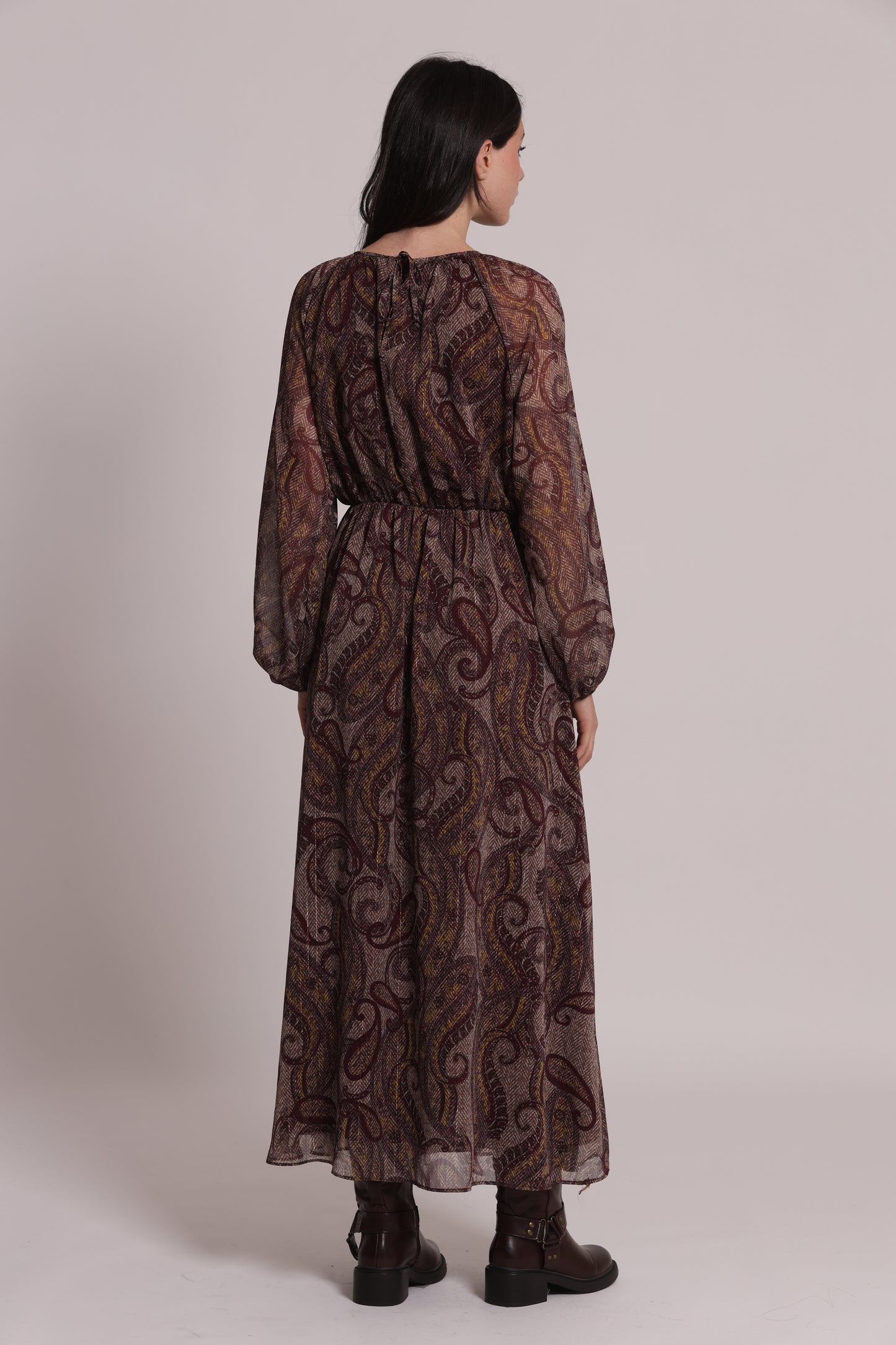 ABITO MIDI FANTASIA PAISLEY CON FIOCCO FRONTALE