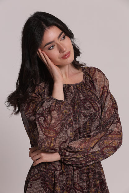 ABITO MIDI FANTASIA PAISLEY CON FIOCCO FRONTALE
