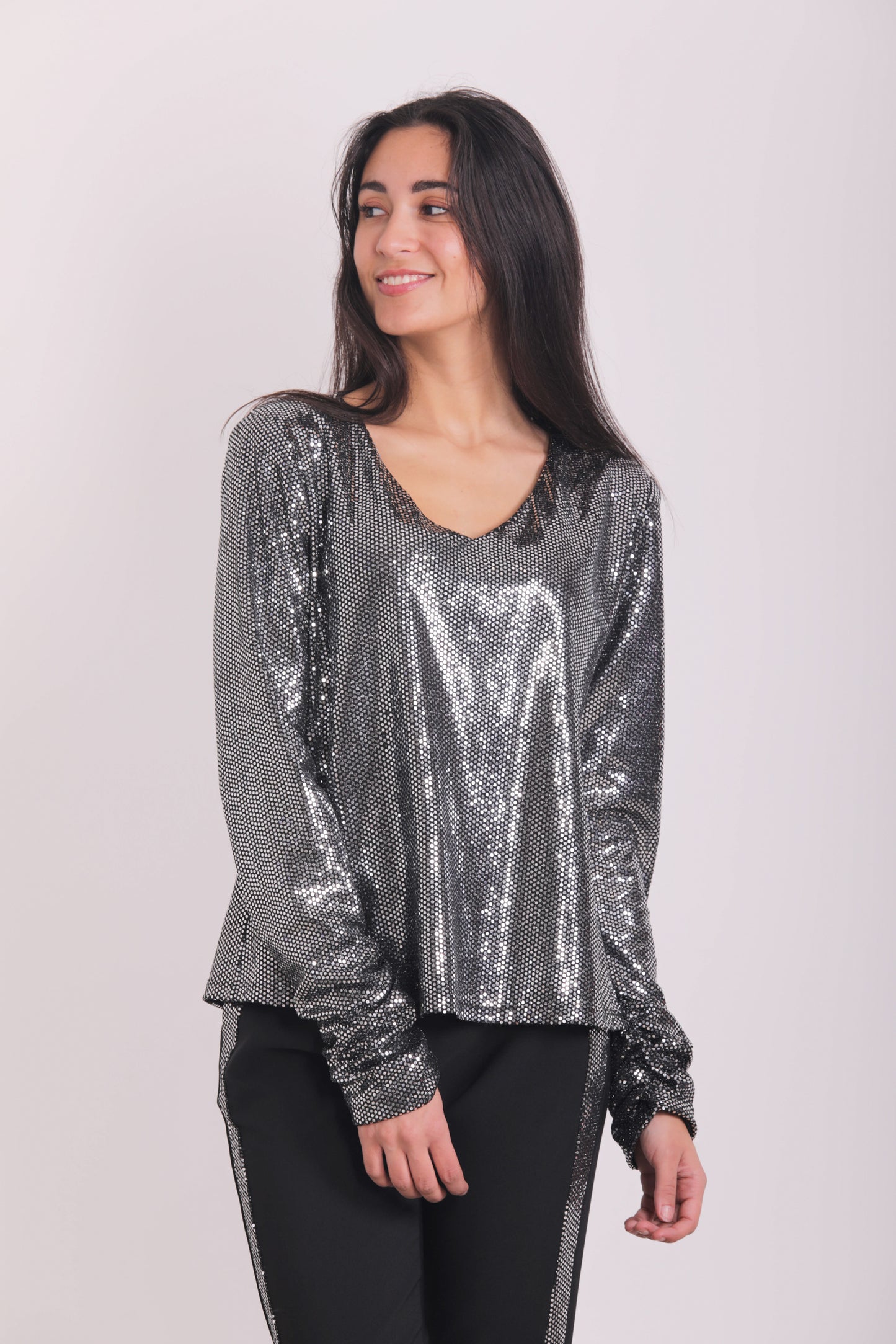 BLUSA SCOLLO A V EFFETTO PAILLETTES