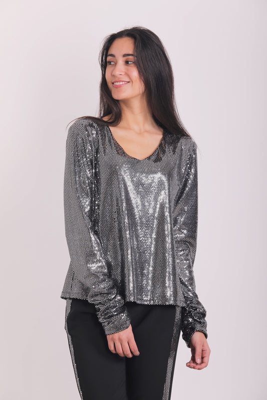 BLUSA SCOLLO A V EFFETTO PAILLETTES