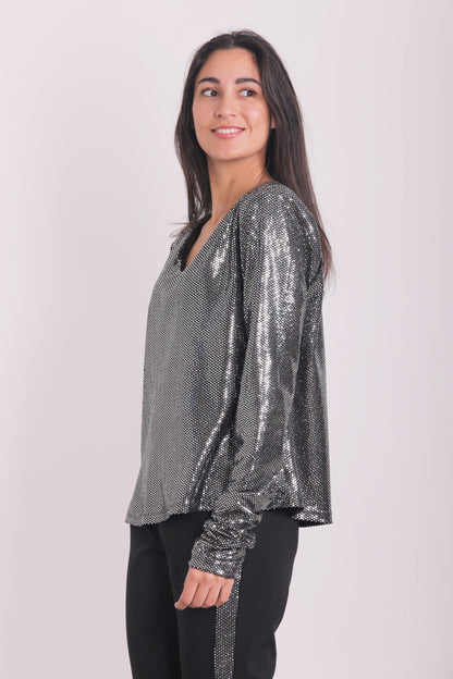 BLUSA SCOLLO A V EFFETTO PAILLETTES