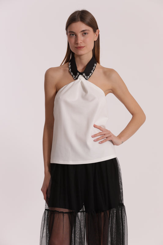 TOP CON COLLETTO DI STRASS