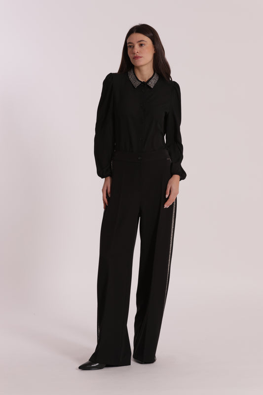 PANTALONE PALAZZO CON PASSAMANERIA RICAMATA