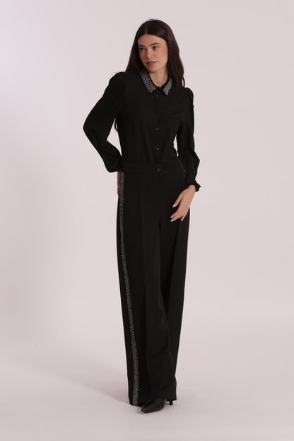 PANTALONE PALAZZO CON PASSAMANERIA RICAMATA