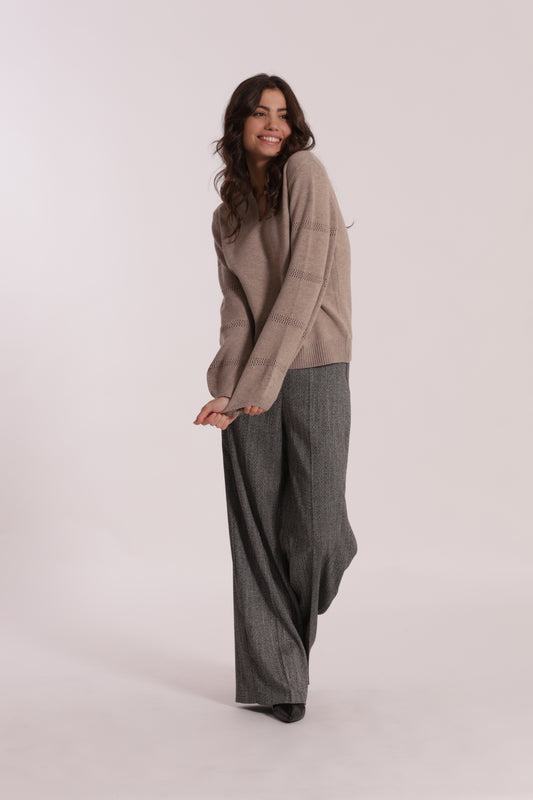 PANTALONE PALAZZO TESSUTO SPIGATO DETTAGLI IN SIMIL PELLE