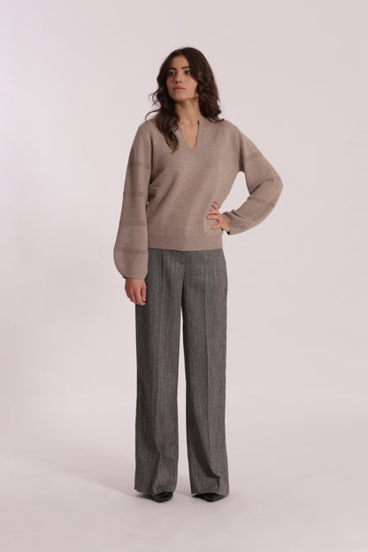 PANTALONE PALAZZO TESSUTO SPIGATO DETTAGLI IN SIMIL PELLE