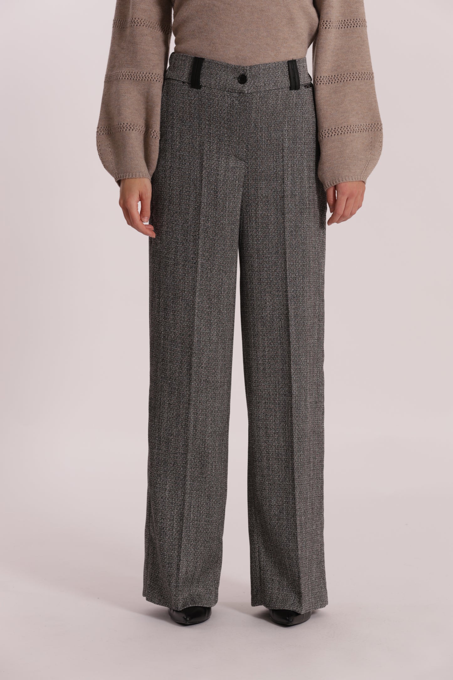 PANTALONE PALAZZO TESSUTO SPIGATO DETTAGLI IN SIMIL PELLE