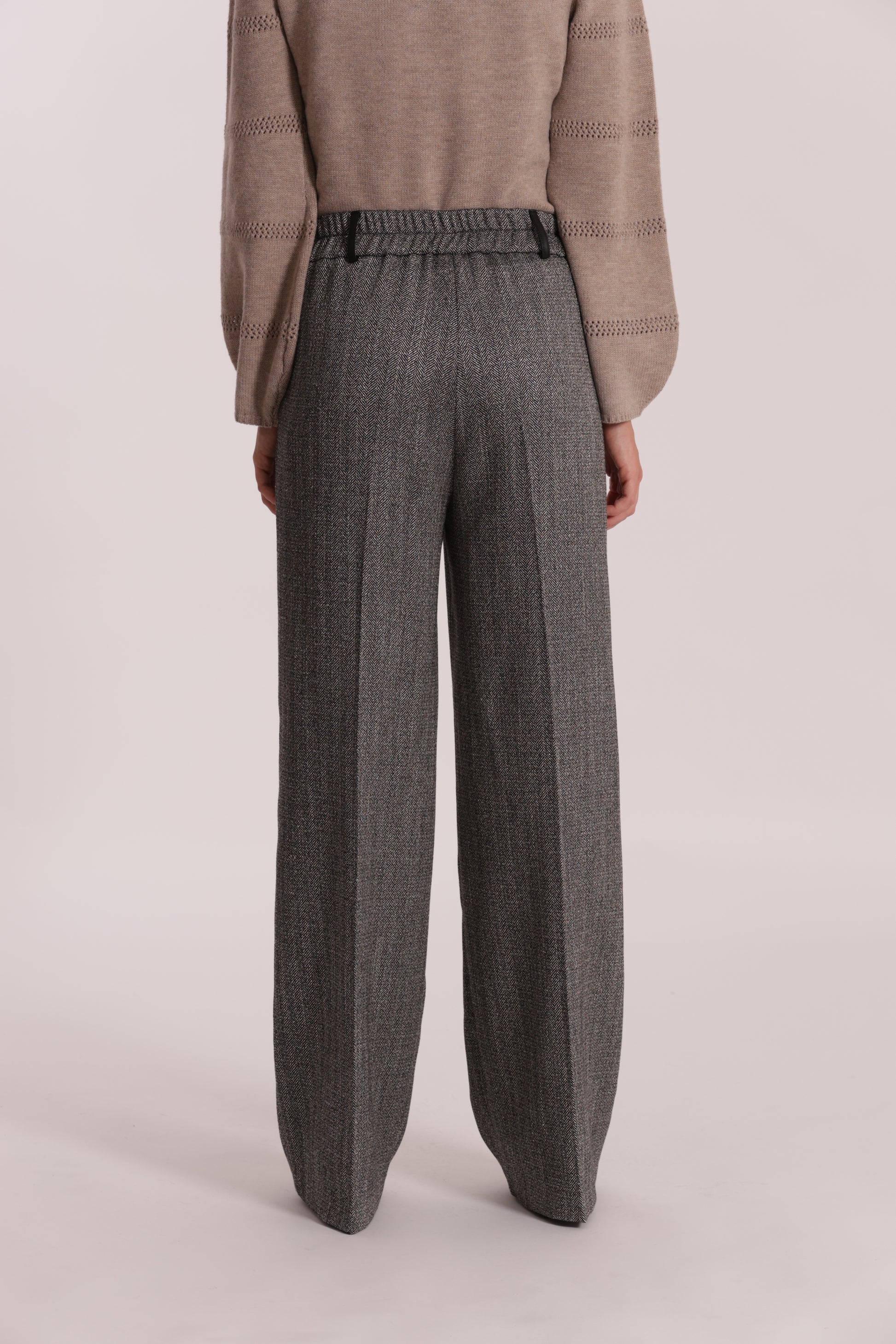 PANTALONE PALAZZO TESSUTO SPIGATO DETTAGLI IN SIMIL PELLE