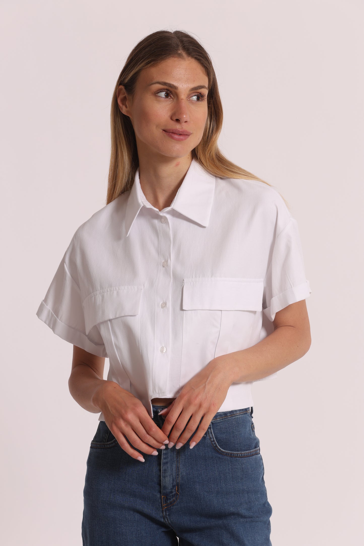 CAMICIA CROPPED OXFORD CON TASCHE