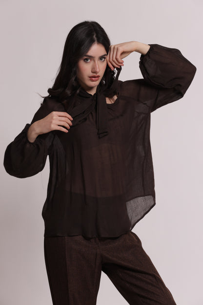 BLUSA CON FIOCCO AL COLLO IN GARZA DI VISCOSA