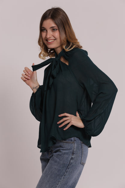 BLUSA CON FIOCCO AL COLLO IN GARZA DI VISCOSA