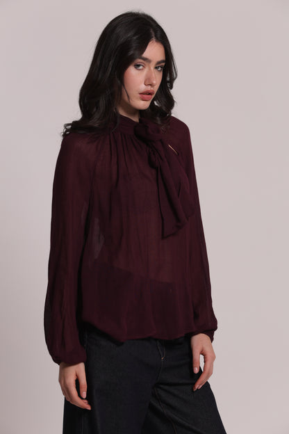 BLUSA CON FIOCCO AL COLLO IN GARZA DI VISCOSA