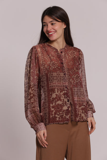 CAMICIA SENZA COLLETTO STAMPA PATCHWORK FLOREALE