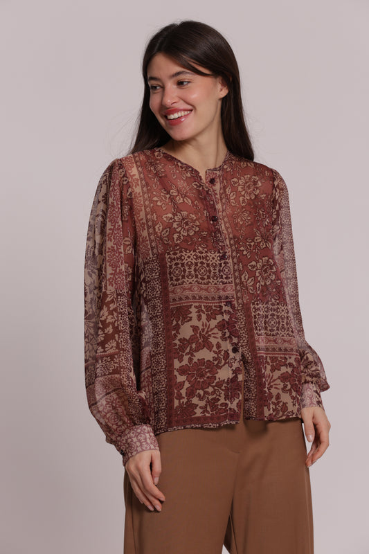 CAMICIA SENZA COLLETTO STAMPA PATCHWORK FLOREALE