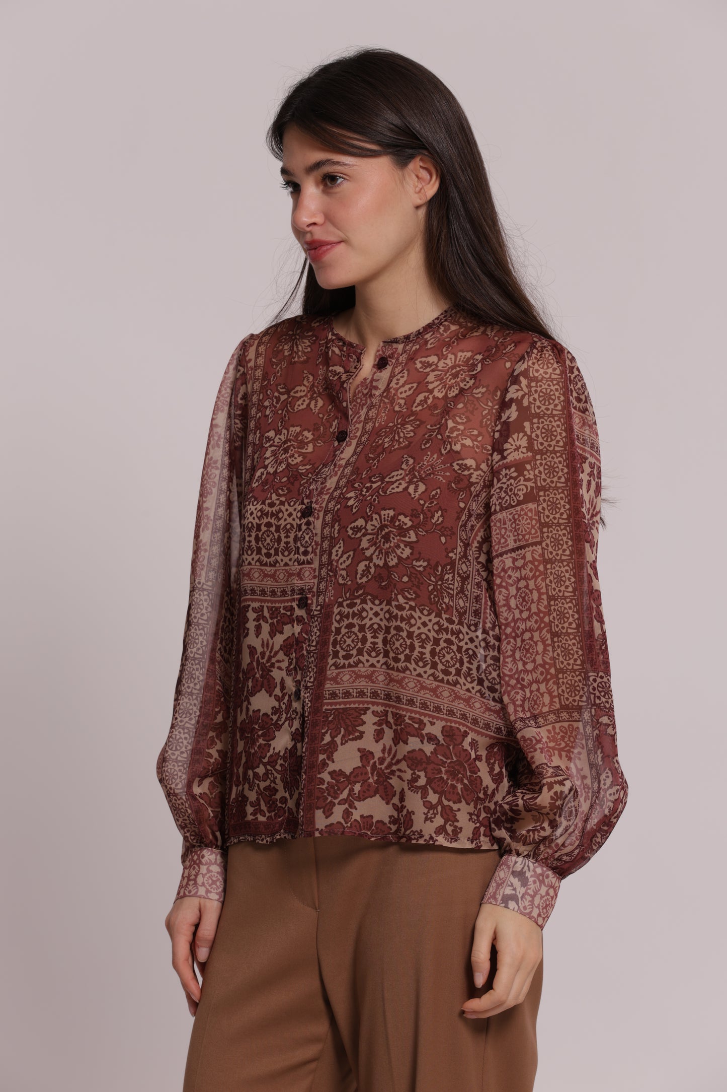 CAMICIA SENZA COLLETTO STAMPA PATCHWORK FLOREALE