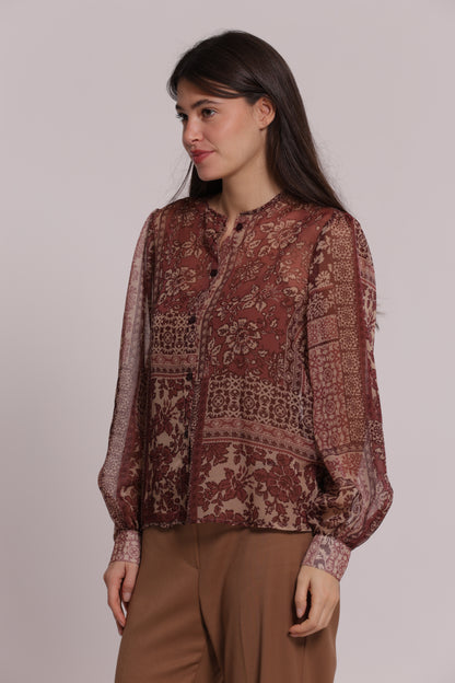 CAMICIA SENZA COLLETTO STAMPA PATCHWORK FLOREALE