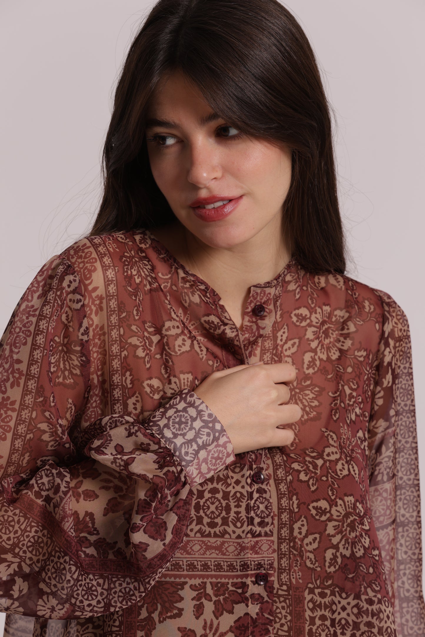 CAMICIA SENZA COLLETTO STAMPA PATCHWORK FLOREALE