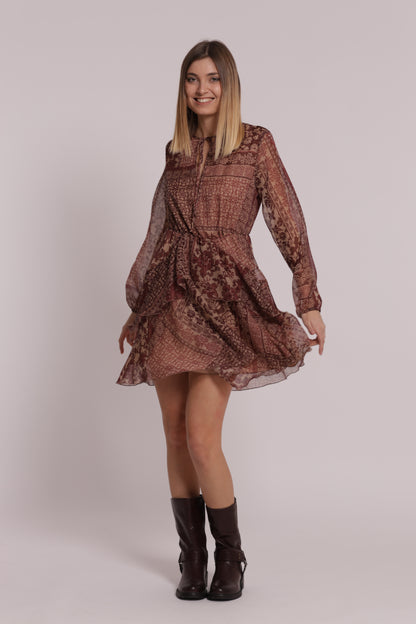 ABITO CORTO SCOLLO A V STAMPA PATCHWORK FLOREALE