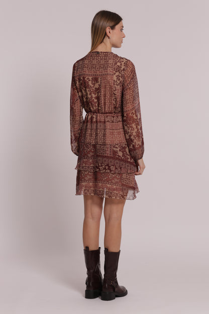 ABITO CORTO SCOLLO A V STAMPA PATCHWORK FLOREALE
