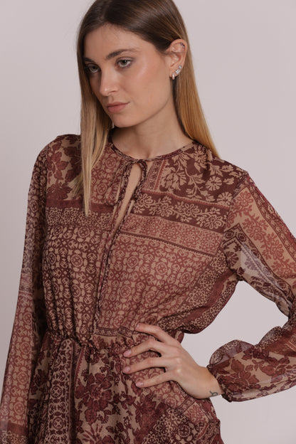 ABITO CORTO SCOLLO A V STAMPA PATCHWORK FLOREALE