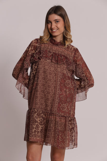 ABITO CORTO CON VOULANT STAMPA PATCHWORK FLOREALE