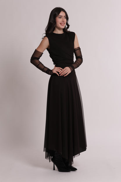 ABITO MIDI CON MANICOTTI E GONNA IN TULLE