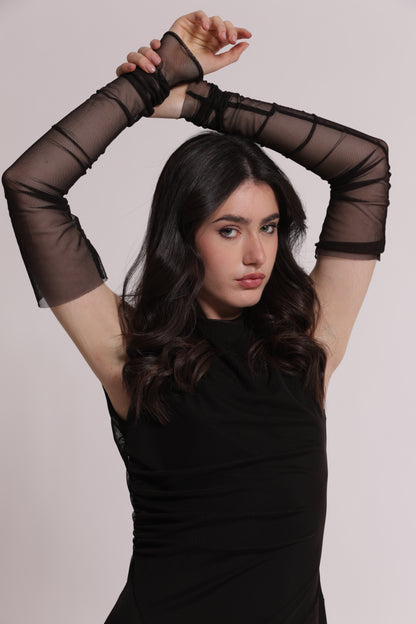 ABITO MIDI CON MANICOTTI E GONNA IN TULLE