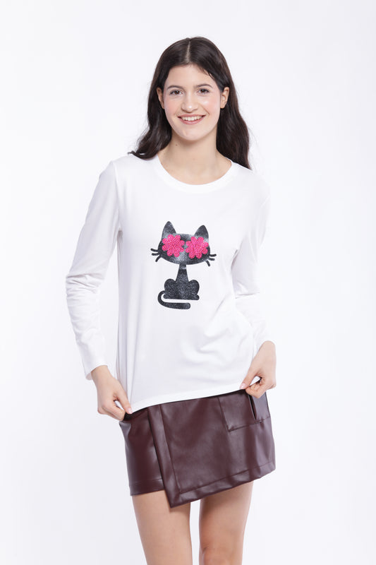 T-SHIRT GATTO OCCHI A FIORE