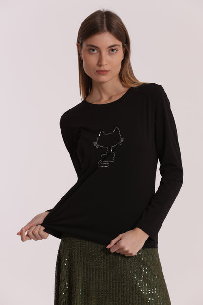 T-SHIRT CON GATTO CATENA