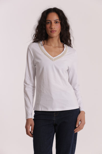 T-SHIRT SCOLLO A V CON COLLO DI PERLE